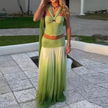 Sexy Strapless Top with Long Skirt Women's Suits Fashion Backless Pleated Club Outfit Gradient Green Hollow Slim Two Piece Sets