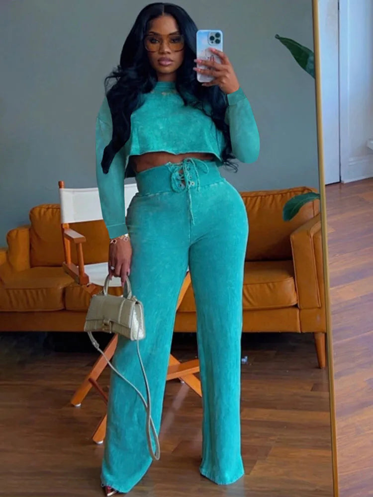 Solid Casual Two Piece Set for Women Sweatsuit Sporty Fitness Long Sleeve Top and Lace-up Wide Leg Pants Joggers Tracksuit Fall