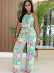Beyprern Women Tropical Leaf Printed Lace-Back Crop Top And Wide Legs Pant Set Summer Ruched Floral Tracksuits Set Beach Outfits