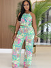 Beyprern Women Tropical Leaf Printed Lace-Back Crop Top And Wide Legs Pant Set Summer Ruched Floral Tracksuits Set Beach Outfits