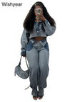 Streetwear Blue Patchwork Denim Two 2 Piece Pants Set Women Sales Long Sleeve Crop Tops and Flare Jeans Loose Matching Outfits