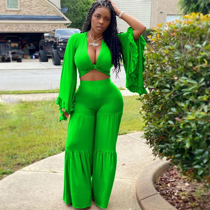 Casual Spring And Autumn For Women's Solid Color Long Sleeved Chest Wrap Top and Wide Leg Trousers Female Office 2 Piece Set