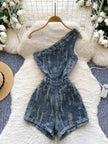 Women's Blue Ripped Denim Shorts Jumpsuits 90s Vintage Playsuits Harajuku Off Shoulder Rompers Jeans Pants Ladies Clothes Summer