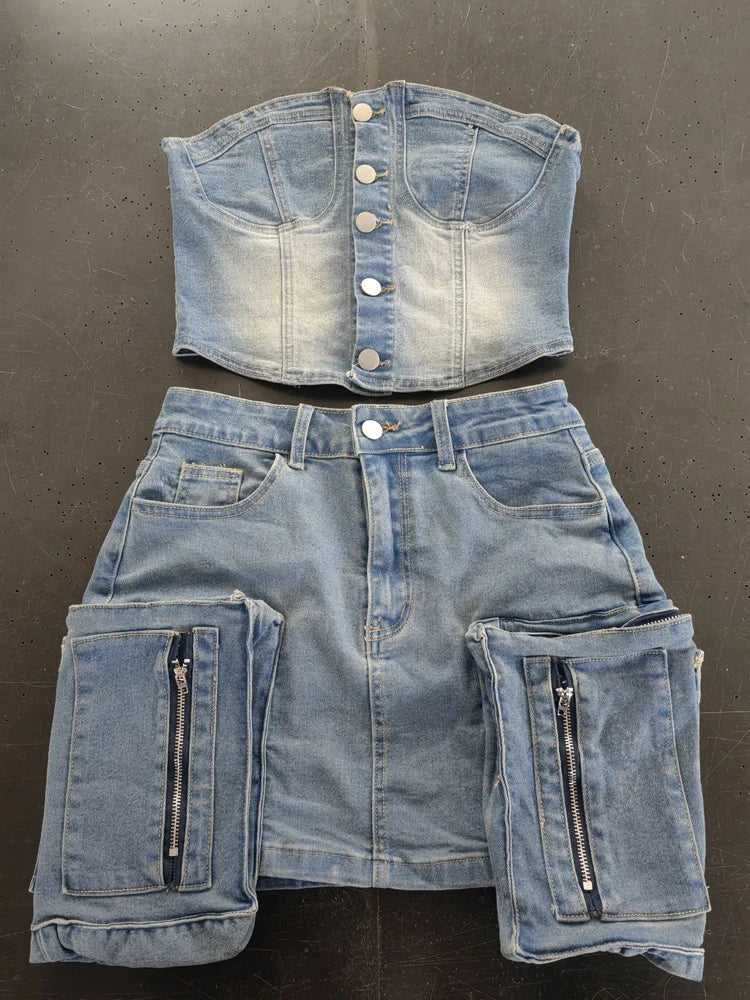 Y2k Fashion Vintage Washed Denim Set Women Off Shoulder Cropped Top Mini Skirt Jean Suit Summer Streetwear 2 Two Piece Outfits