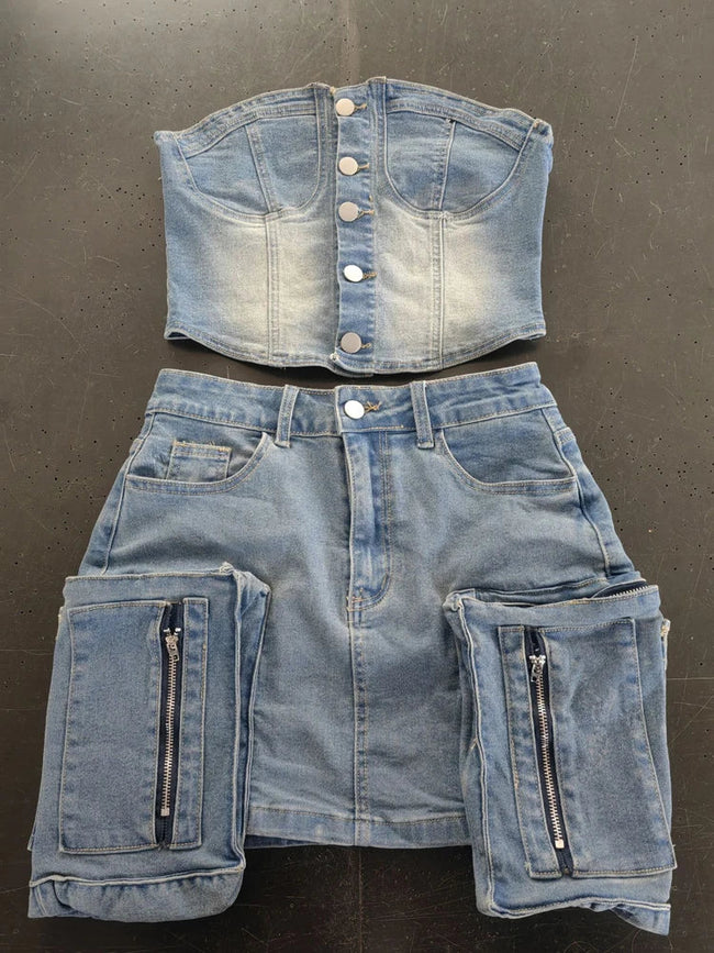 Y2k Fashion Vintage Washed Denim Set Women Off Shoulder Cropped Top Mini Skirt Jean Suit Summer Streetwear 2 Two Piece Outfits