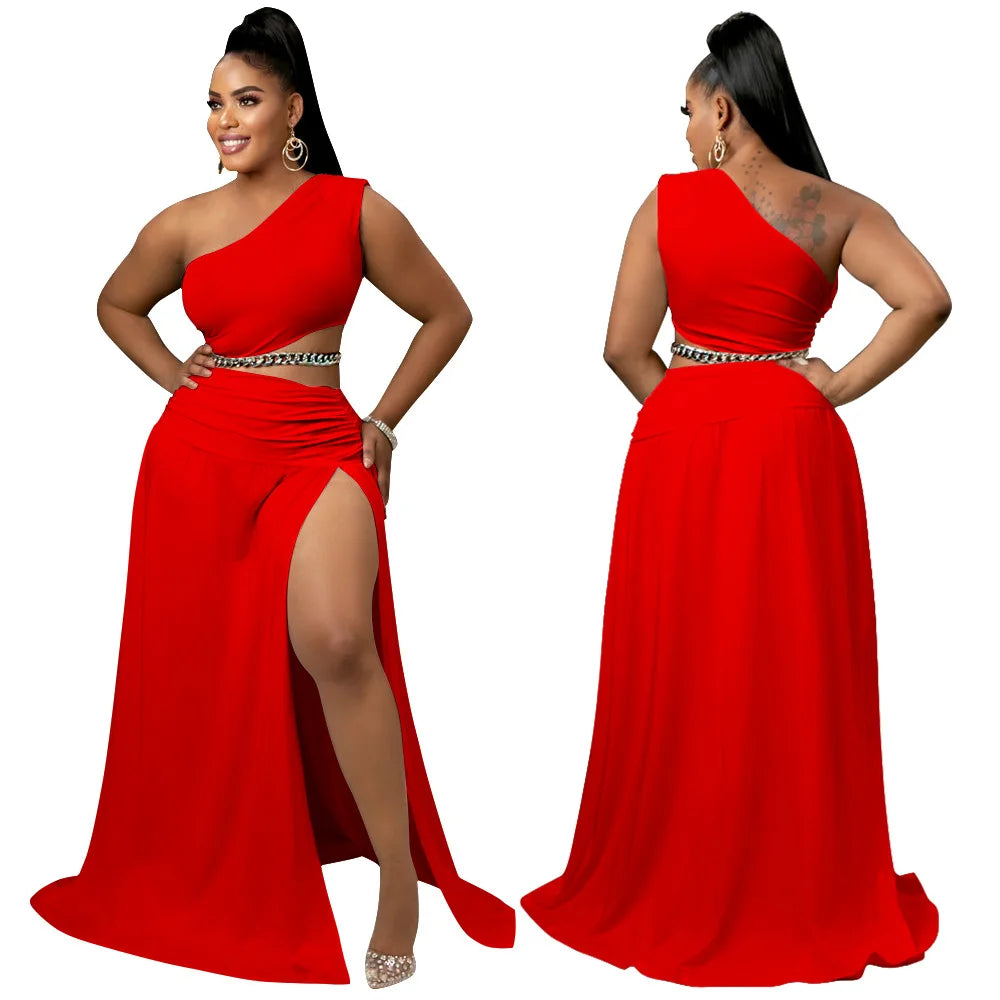 Women Clothes Set Sexy One Shoulder Crop Top Side Split A Line Skirt Beach Party Two Pieces Set Summer 2022