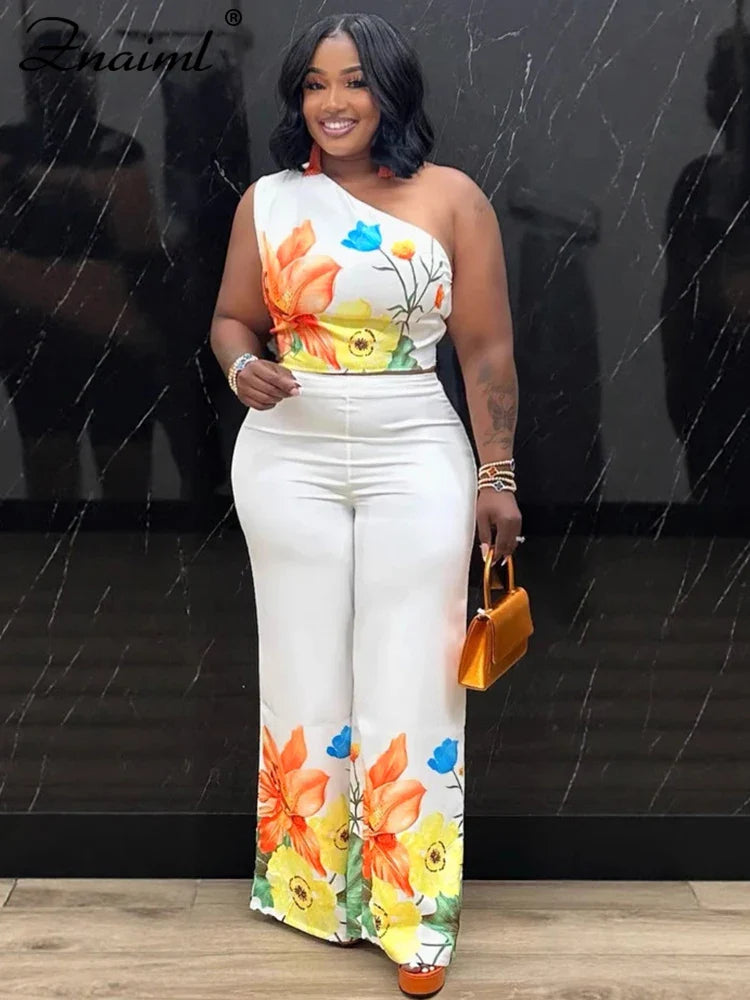 Znaiml Flower Print 2 Piece Pant Set Women Skew Collar Crop Tops and Wide Leg Pants Casual Summer Vacation Party Outfits 2025