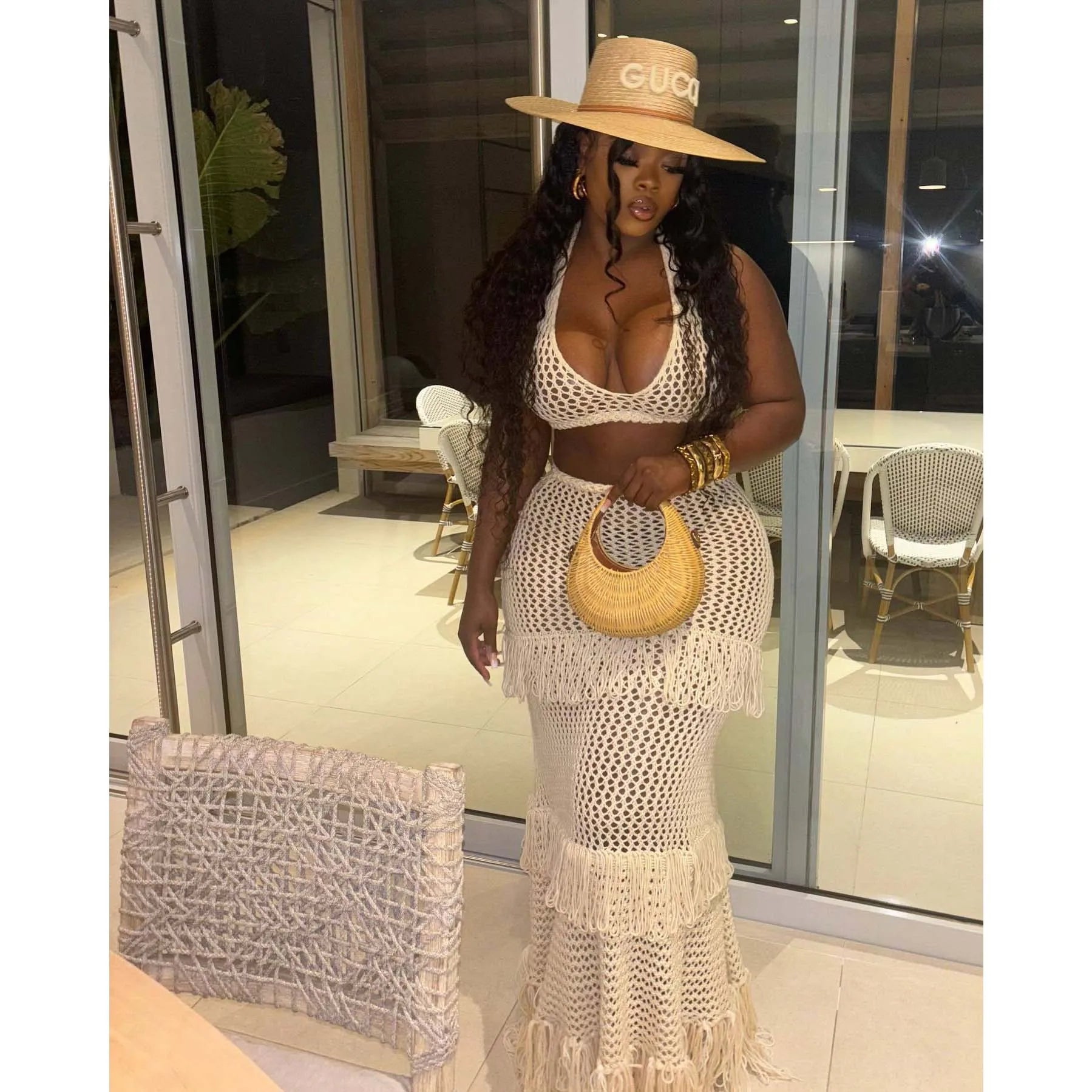 Knitted Crochet 2 Piece Skirt Sets Sexy Ruffle Elegant Fringe Tassel Dress 2024 Summer Outfits Crop Top Two Piece Skirt Sets