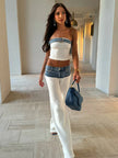 Chic Women Patchwork Denim 2-piece Sets Strapless Sleeveless Tops Baggy Wide Leg  Dragging Pants Outfits Elegant Casual Suits