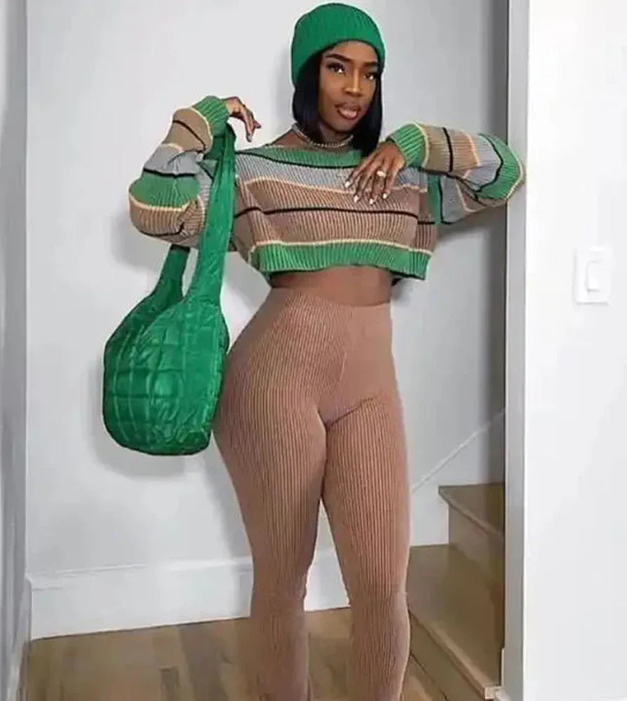 Women 2 Piece Set Long Sleeve Striped Sweater and Sweat Pants Suits 2024 Winter Fitness Active Two Piece Lounge Sets Tracksuit