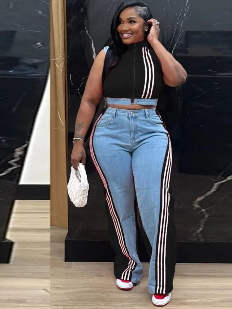 2 Pieces Women's Sets 2025 Spring Summer Denim Sleeveless Suit Tops And Wide Leg Pants Suits Two Piece Set Tracksuit Outfit