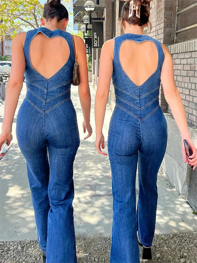 TARUXY Backless Heart Cutout Bodycon Jumpsuit For Women Casual Sleeveless Slim One-Piece Outfits Retro Denim Jumpsuits New 2025