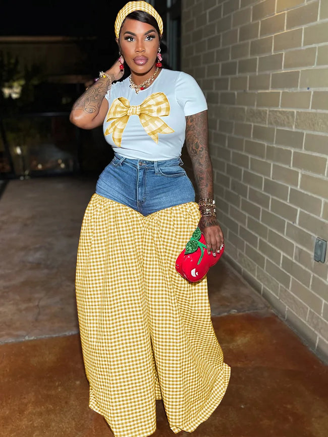 Kricesseen Women Bow Tie Shirt Top And Plaid Print Wide Leg Pant Set 2 Piece Outfits Fashion Patchwork Tracksuits Set Clubwear