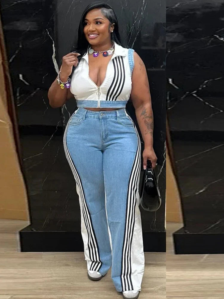 2 Pieces Women's Sets 2025 Spring Summer Denim Sleeveless Suit Tops And Wide Leg Pants Suits Two Piece Set Tracksuit Outfit