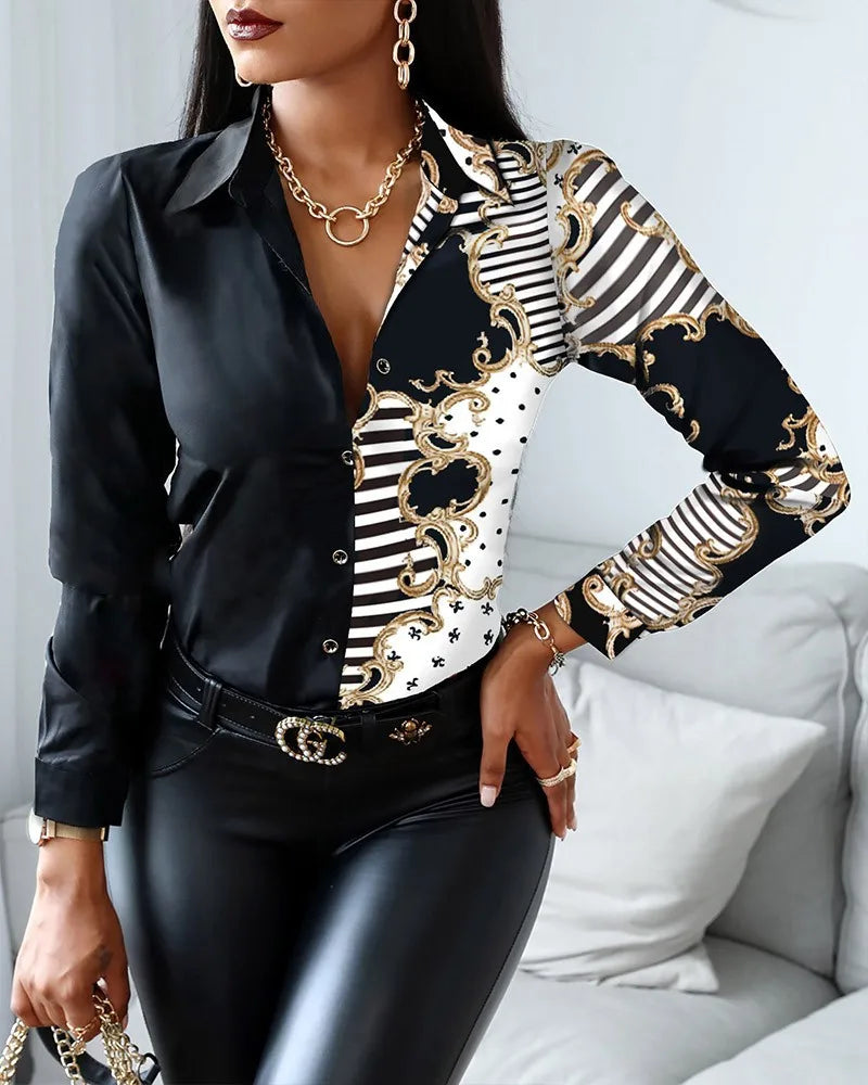 V Neck Spliced Vintage Long Sleeve Button Up Women Shirts Fashionable Chain Printed Designer Plus Size Women'S Blouses & Shirts