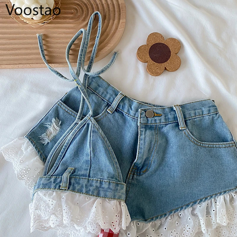 Summer Sweet Lolita Style Denim Shorts Sets Girls Sexy Lace Bandage Camisole Crop Tops Ruffles Jeans Short Pants Women 2PC Set