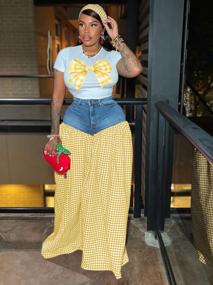 Kricesseen Women Bow Tie Shirt Top And Plaid Print Wide Leg Pant Set 2 Piece Outfits Fashion Patchwork Tracksuits Set Clubwear