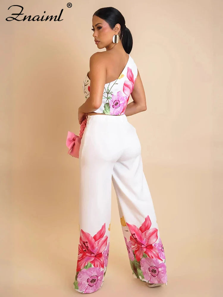 Znaiml Flower Print 2 Piece Pant Set Women Skew Collar Crop Tops and Wide Leg Pants Casual Summer Vacation Party Outfits 2025