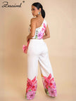Znaiml Flower Print 2 Piece Pant Set Women Skew Collar Crop Tops and Wide Leg Pants Casual Summer Vacation Party Outfits 2025