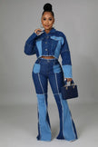 Women's Matching Set Denim Patchwork Vintage Short Jacket and Flare Pant Two Piece Set Outfit Autumn Casual Y2K Fashion Sets