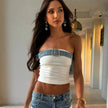 Chic Women Patchwork Denim 2-piece Sets Strapless Sleeveless Tops Baggy Wide Leg  Dragging Pants Outfits Elegant Casual Suits