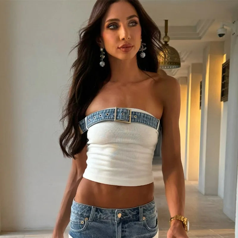 Chic Women Patchwork Denim 2-piece Sets Strapless Sleeveless Tops Baggy Wide Leg  Dragging Pants Outfits Elegant Casual Suits