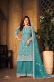 Pakistan Designer Wear Net Teal Blue Straight Cut Palazzo Style Suit