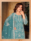 Pakistan Designer Wear Net Teal Blue Straight Cut Palazzo Style Suit