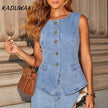 KADUWAKI Slim Denim Waistcoat Jeans 2pc Women Elegant Single Breasted O Neck Vest Wide Leg Pants Spring Lady High Street Outfits