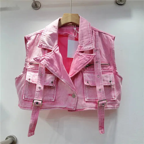 Retro Pink Large Pocket Denim Suit Spring Summer Sleeveless Short Vest High Waist Hip Wrapped Skirt 2 Pieces Sets Women Outfits