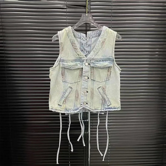 WTHT Vintage 2025 Summer Women's Bandage Single-breasted Denim Vest Fashion High-waisted Loose Wide Leg Jeans Female 1LS1482