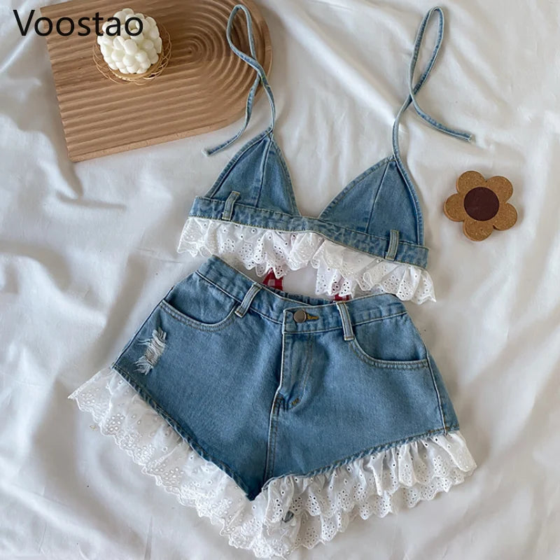 Summer Sweet Lolita Style Denim Shorts Sets Girls Sexy Lace Bandage Camisole Crop Tops Ruffles Jeans Short Pants Women 2PC Set