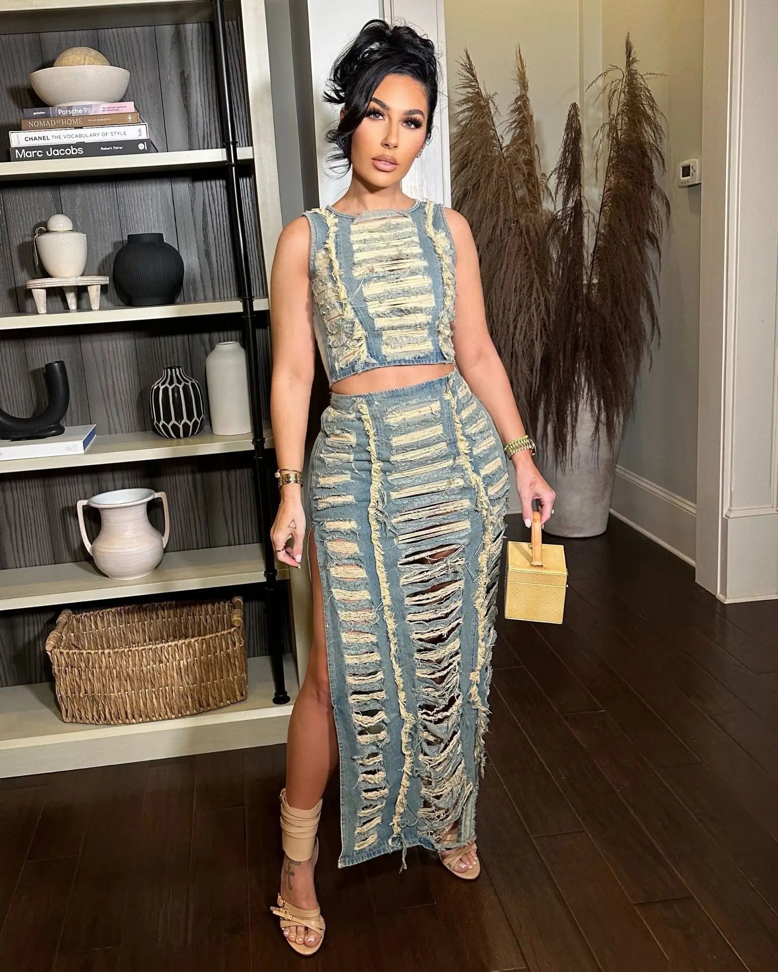 DSMTRC Women Sleeveless Crop Tank Tops and Split Side Maxi Skirt Streetwear Outfits Elegant Ripped Hole Denim Two 2 Piece Dress