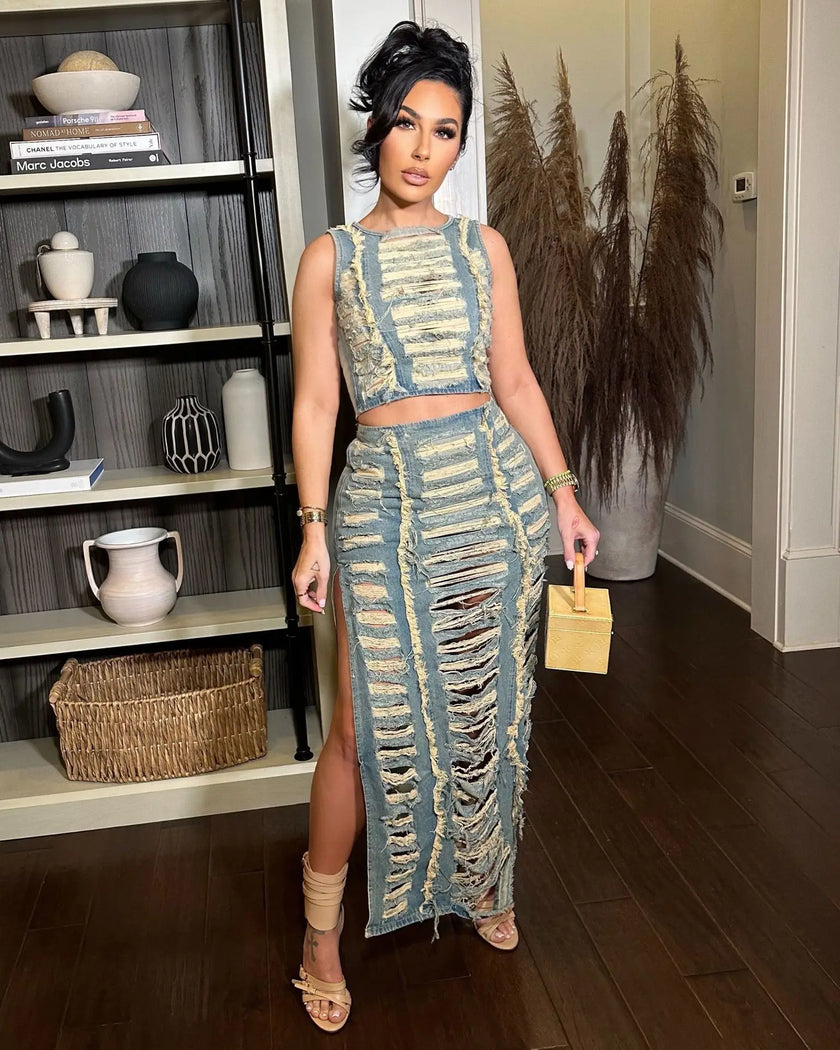 DSMTRC Women Sleeveless Crop Tank Tops and Split Side Maxi Skirt Streetwear Outfits Elegant Ripped Hole Denim Two 2 Piece Dress