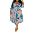 Plus Size Women's Abstract Watercolor Floral Print V-Neck Wrap Midi Dress 3/4 Sleeve Elegant Look