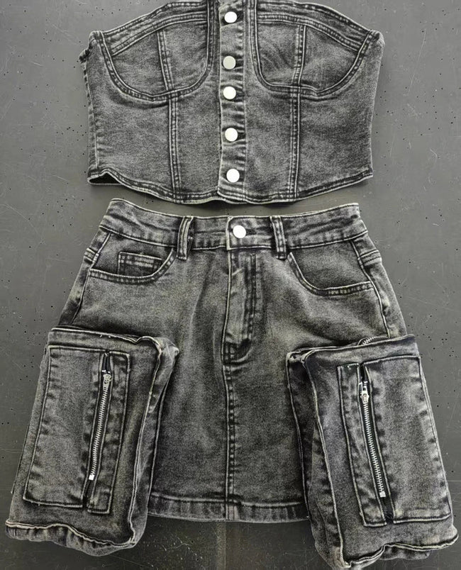 Y2k Fashion Vintage Washed Denim Set Women Off Shoulder Cropped Top Mini Skirt Jean Suit Summer Streetwear 2 Two Piece Outfits