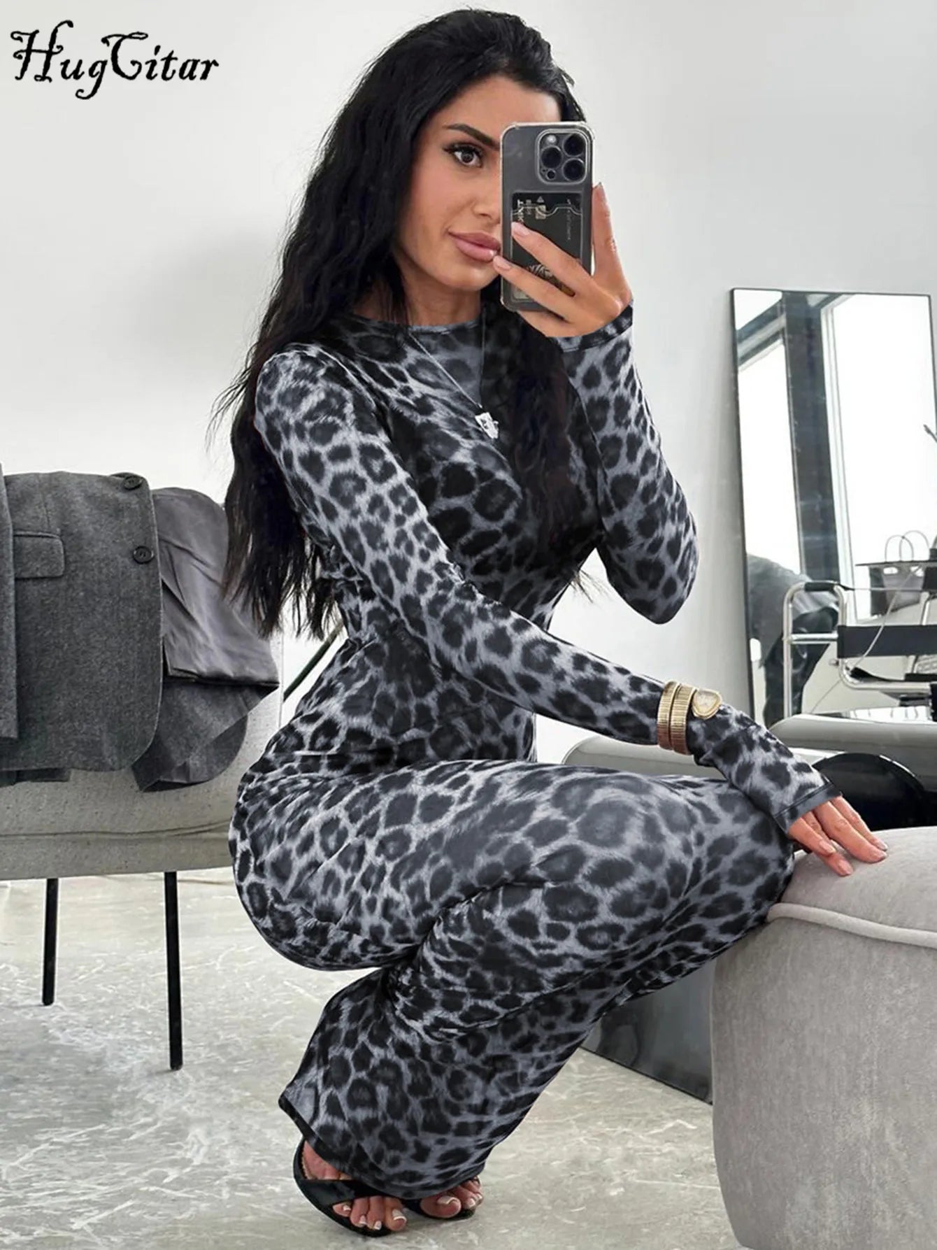Hugcitar Leopard Print Mesh Long Sleeve Sexy Slim  See Through Maxi Dress Fall Women Fashion Outfits Beach Vacation Club