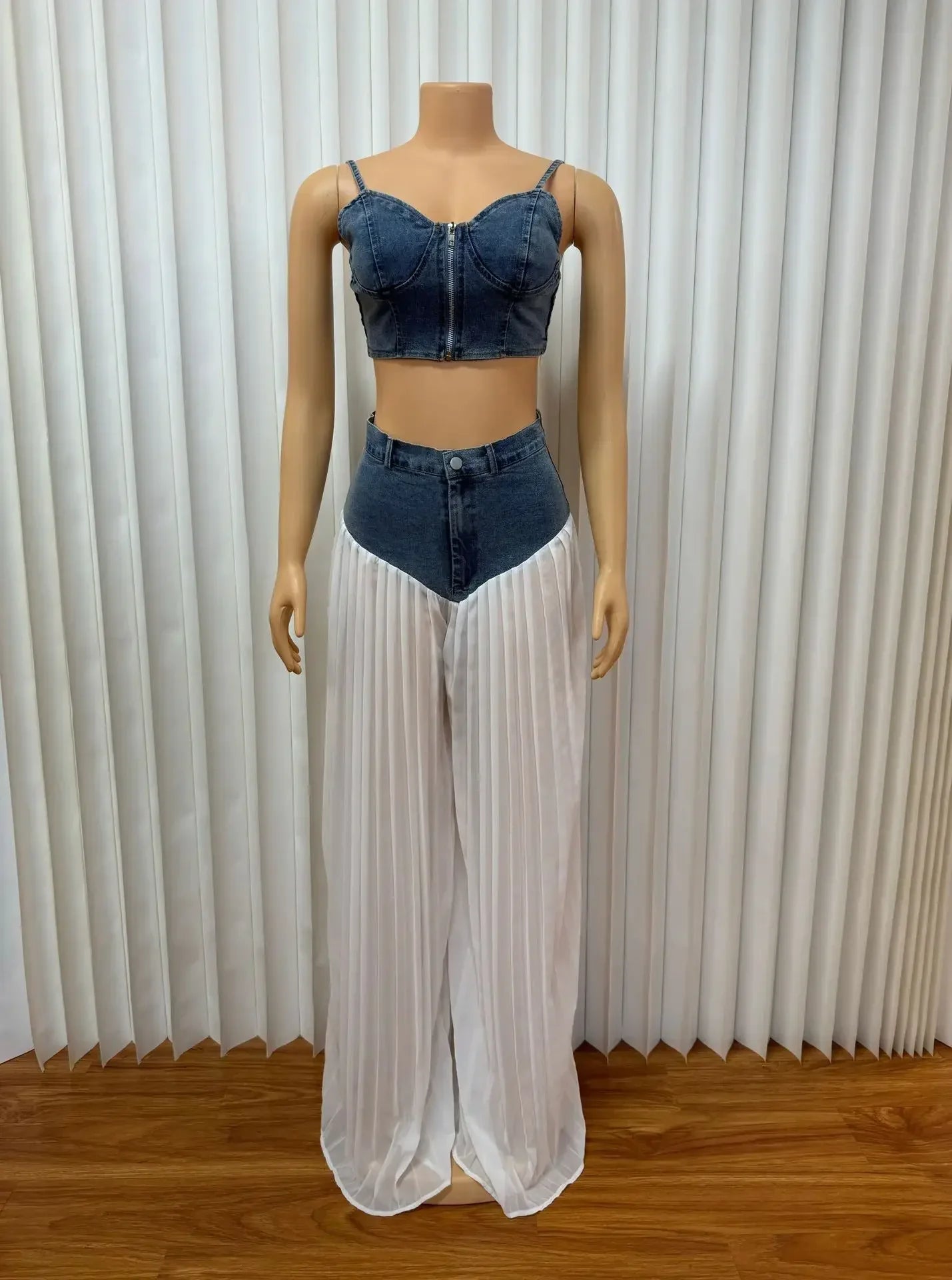 2 Piece Sets Women Sexy Denim Camisole Wide Leg Pants Patchwork Folds Slip Vest Floor Length Suit 2025 Summer Casual Outfits