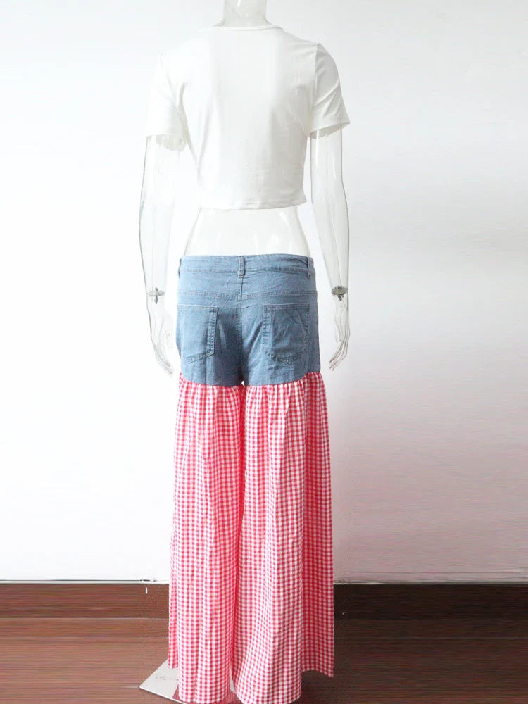 Kricesseen Women Bow Tie Shirt Top And Plaid Print Wide Leg Pant Set 2 Piece Outfits Fashion Patchwork Tracksuits Set Clubwear