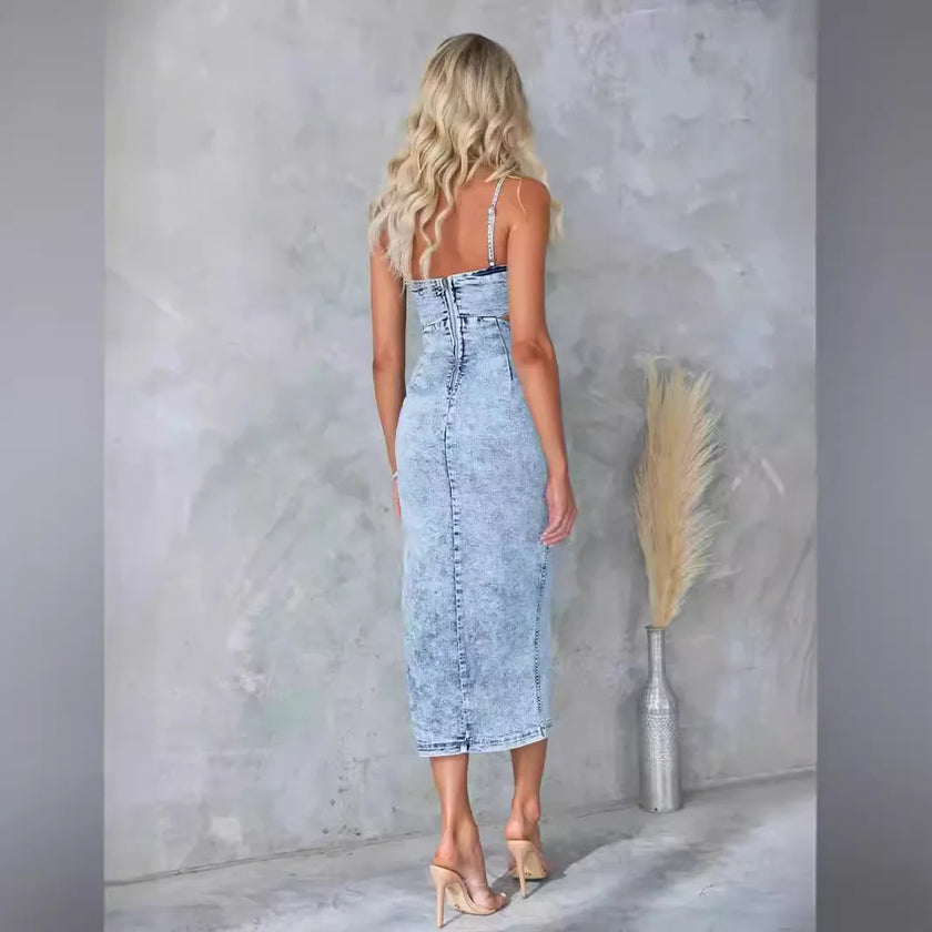 Sling Dress Women Denim Long Dresses V Neck Sleeveless High Waist Y2k Streetwear Vestidos Zipper Sexy Slim Bodycon Hollow Out