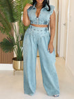 Sister Star Women's Summer Comfortable Casual Solid Color Sleeveless Jeans Set Loose Long Straight Pants Two Pieces