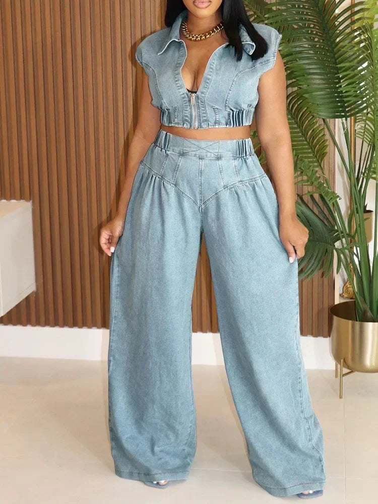 Streetwear Denim Set Women 2 Piece Set Outfit Jean Zipper Turn-down Collar Cropped Top and Loose Wide Leg Pants Matching Sets