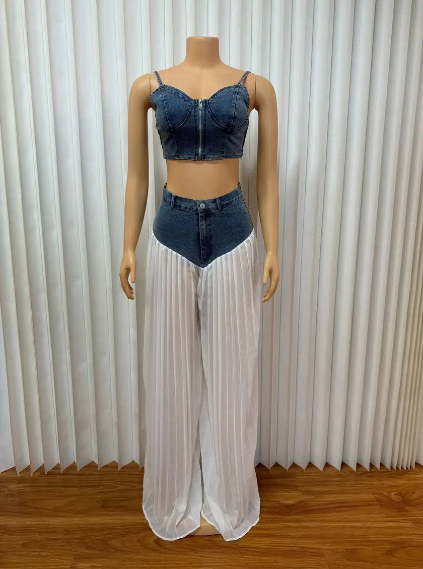 2 Piece Sets Women Sexy Denim Camisole Wide Leg Pants Patchwork Folds Slip Vest Floor Length Suit 2025 Summer Casual Outfits