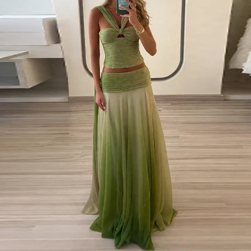 Sexy Strapless Top with Long Skirt Women's Suits Fashion Backless Pleated Club Outfit Gradient Green Hollow Slim Two Piece Sets