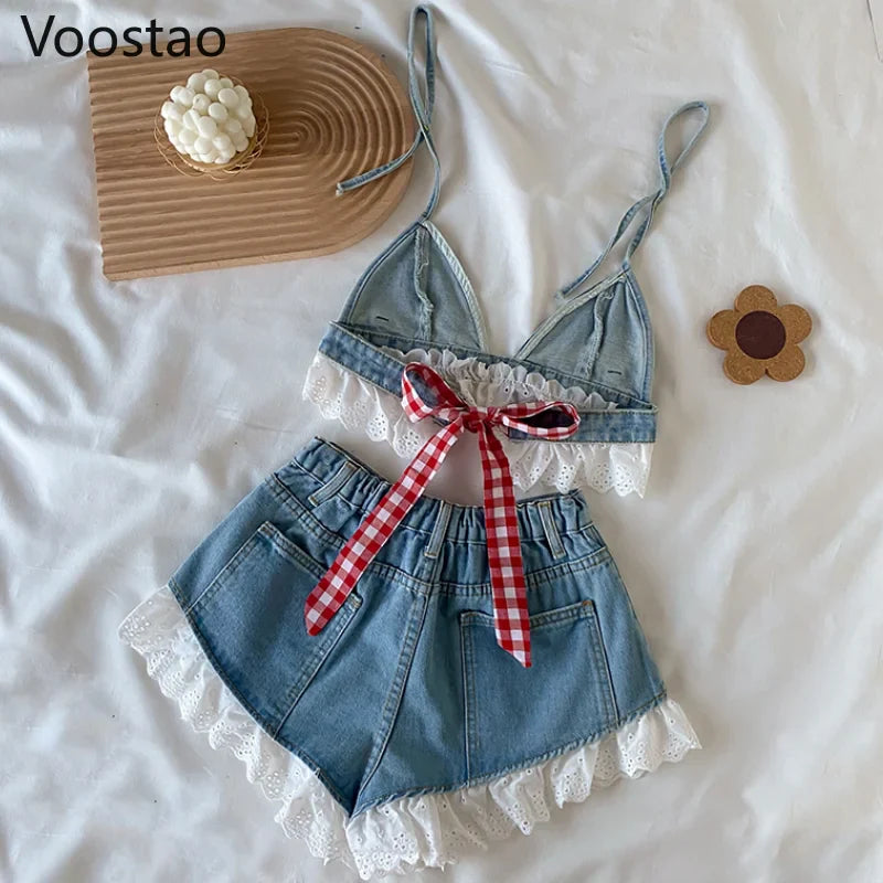 Summer Sweet Lolita Style Denim Shorts Sets Girls Sexy Lace Bandage Camisole Crop Tops Ruffles Jeans Short Pants Women 2PC Set