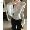 WAKUTA Sexy Lace Shirt V-neck Long-sleeved Outwear Tops Fall Short Tight Design Pure Desire Hottie Inner Pullovers Кофта Женская
