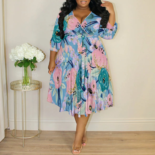 Plus Size Women's Abstract Watercolor Floral Print V-Neck Wrap Midi Dress 3/4 Sleeve Elegant Look