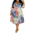 Plus Size Women's Abstract Watercolor Floral Print V-Neck Wrap Midi Dress 3/4 Sleeve Elegant Look