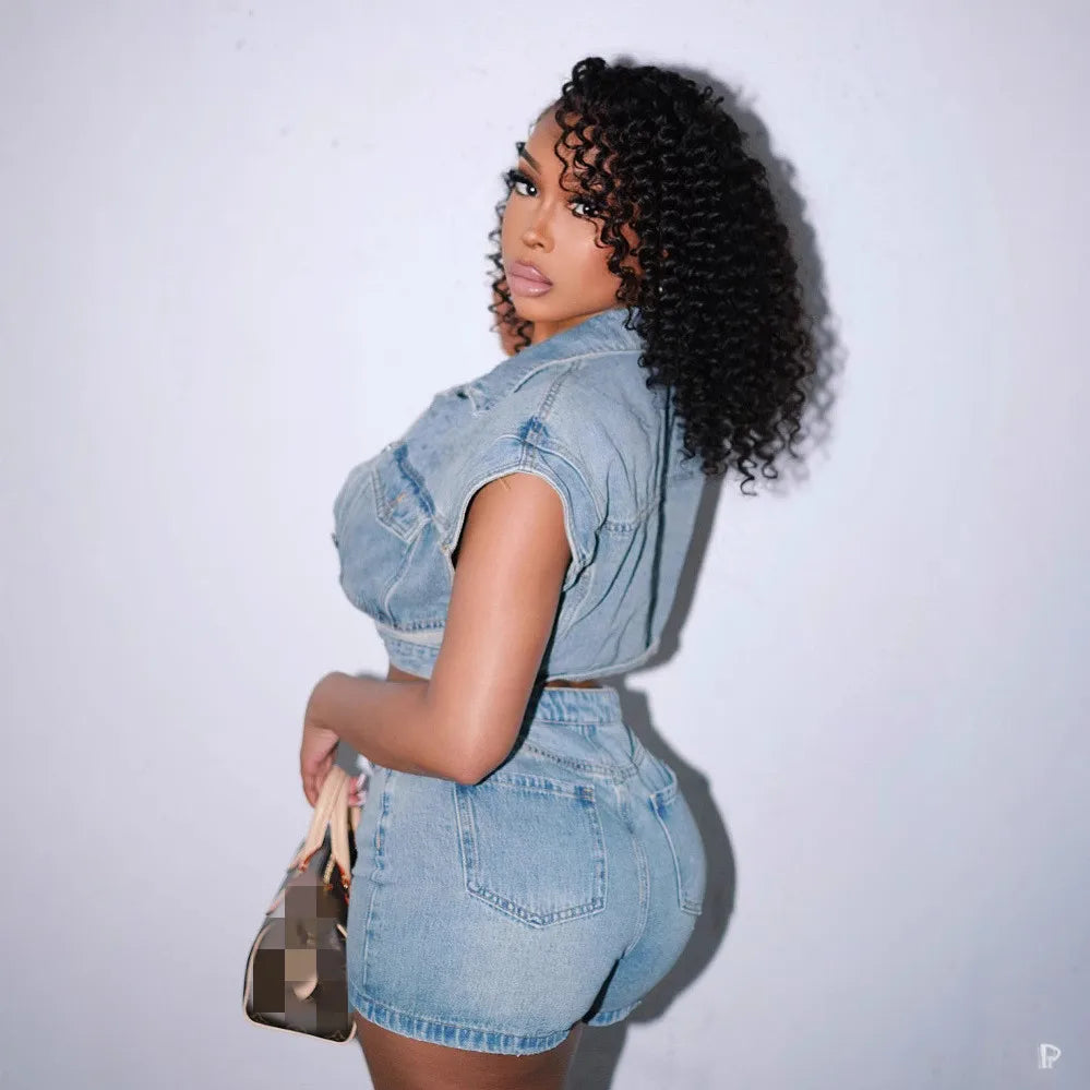 Y2k Fashion Washed Denim Women Shorts Set 2025 Summer Street Wear Sexy Clothes Jean Patchwork Two 2 Piece Matching Sets Outfits