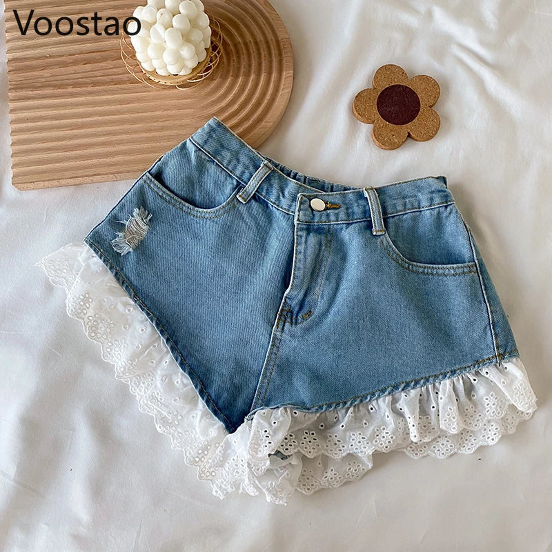 Summer Sweet Lolita Style Denim Shorts Sets Girls Sexy Lace Bandage Camisole Crop Tops Ruffles Jeans Short Pants Women 2PC Set